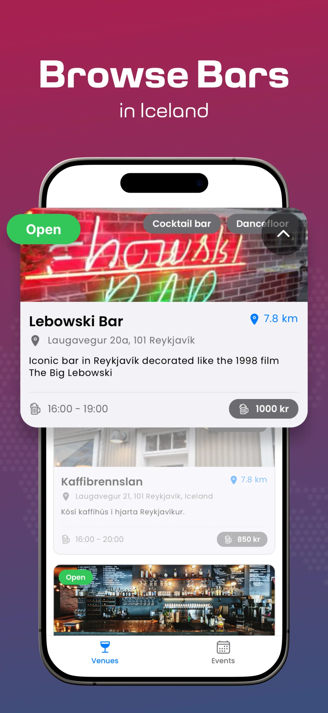 Barhopp mobile app screen showing nightlife discovery